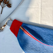 Load image into Gallery viewer, One-of-a-kind tote sling bag. Gorgeous blue and red corduroy. Lined with a blue and black striped cotton poplin fabric.
