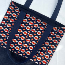 Load image into Gallery viewer, Tote bag. Vintage Japanese kimono fabric with an indigo blue denim bottom.
