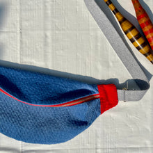 Load image into Gallery viewer, One-of-a-kind tote sling bag. Gorgeous blue and red corduroy. Lined with a blue and black striped cotton poplin fabric.
