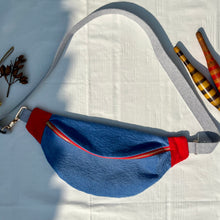 Load image into Gallery viewer, One-of-a-kind tote sling bag. Gorgeous blue and red corduroy. Lined with a blue and black striped cotton poplin fabric.
