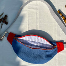 Load image into Gallery viewer, One-of-a-kind tote sling bag. Gorgeous blue and red corduroy. Lined with a blue and black striped cotton poplin fabric.
