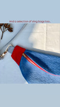 Load image into Gallery viewer, One-of-a-kind tote sling bag. Gorgeous blue and red corduroy. Lined with a blue and black striped cotton poplin fabric.
