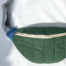 Load image into Gallery viewer, One-of-a-kind tote sling bag. Gorgeous green quilted cotton. Lined with a blue and pink striped cotton poplin fabric.
