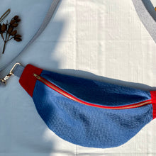 Load image into Gallery viewer, One-of-a-kind tote sling bag. Gorgeous blue and red corduroy. Lined with a blue and black striped cotton poplin fabric.
