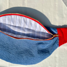 Load image into Gallery viewer, One-of-a-kind tote sling bag. Gorgeous blue and red corduroy. Lined with a blue and black striped cotton poplin fabric.
