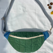 Load image into Gallery viewer, One-of-a-kind tote sling bag. Gorgeous green quilted cotton. Lined with a blue and pink striped cotton poplin fabric.
