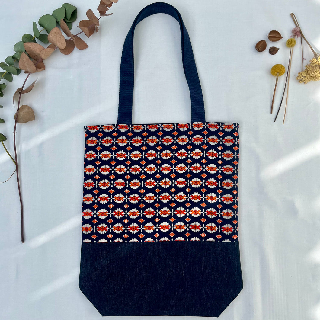 Tote bag. Vintage Japanese kimono fabric with an indigo blue denim bottom.