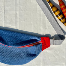 Load image into Gallery viewer, One-of-a-kind tote sling bag. Gorgeous blue and red corduroy. Lined with a blue and black striped cotton poplin fabric.
