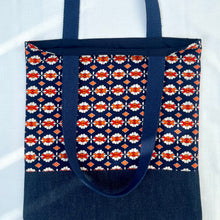 Load image into Gallery viewer, Tote bag. Vintage Japanese kimono fabric with an indigo blue denim bottom.
