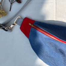 Load image into Gallery viewer, One-of-a-kind tote sling bag. Gorgeous blue and red corduroy. Lined with a blue and black striped cotton poplin fabric.
