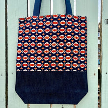 Load image into Gallery viewer, Tote bag. Vintage Japanese kimono fabric with an indigo blue denim bottom.
