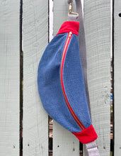 Load image into Gallery viewer, One-of-a-kind tote sling bag. Gorgeous blue and red corduroy. Lined with a blue and black striped cotton poplin fabric.
