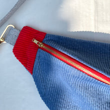 Load image into Gallery viewer, One-of-a-kind tote sling bag. Gorgeous blue and red corduroy. Lined with a blue and black striped cotton poplin fabric.
