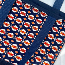 Load image into Gallery viewer, Tote bag. Vintage Japanese kimono fabric with an indigo blue denim bottom.
