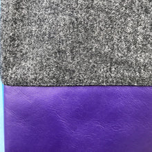 Load image into Gallery viewer, Tote bag. Grey wool tote with a two-colour blue and purple leather round bottom.
