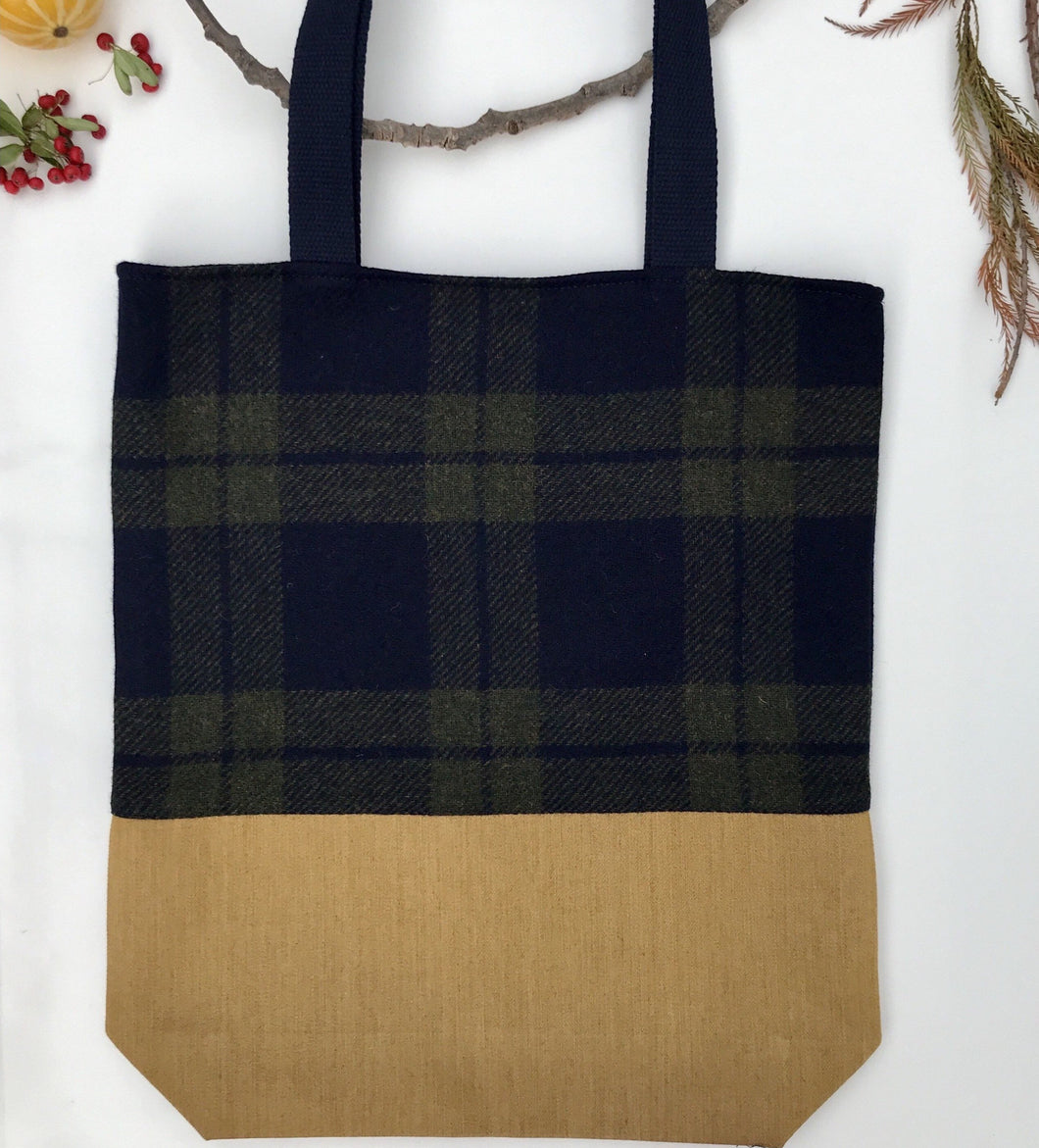 Tote bag. Navy blue and green tweed check design and mustard yellow denim tote.