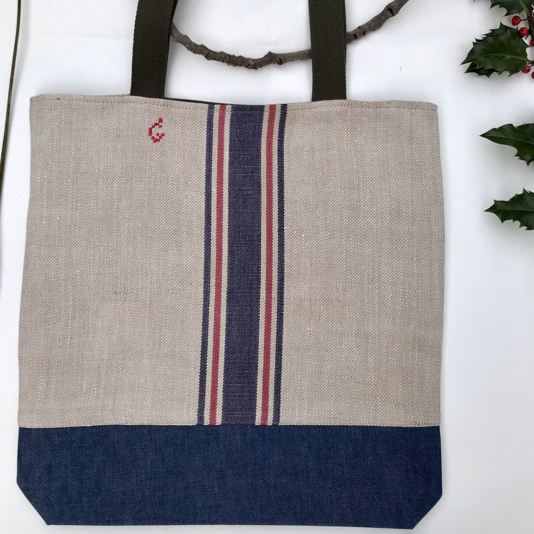 Tote bag. Vintage cotton and hemp grain sack. Blue and red stripes. Blue denim bottom.