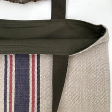 Load image into Gallery viewer, Tote bag. Vintage cotton and hemp grain sack. Blue and red stripes. Blue denim bottom.
