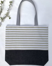 Load image into Gallery viewer, One of a kind bag. Tote Bag. Vintage striped  cotton canvas fabric with a black denim bottom.
