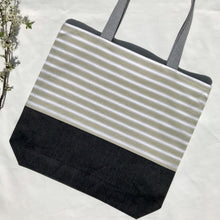 Load image into Gallery viewer, One of a kind bag. Tote Bag. Vintage striped  cotton canvas fabric with a black denim bottom.
