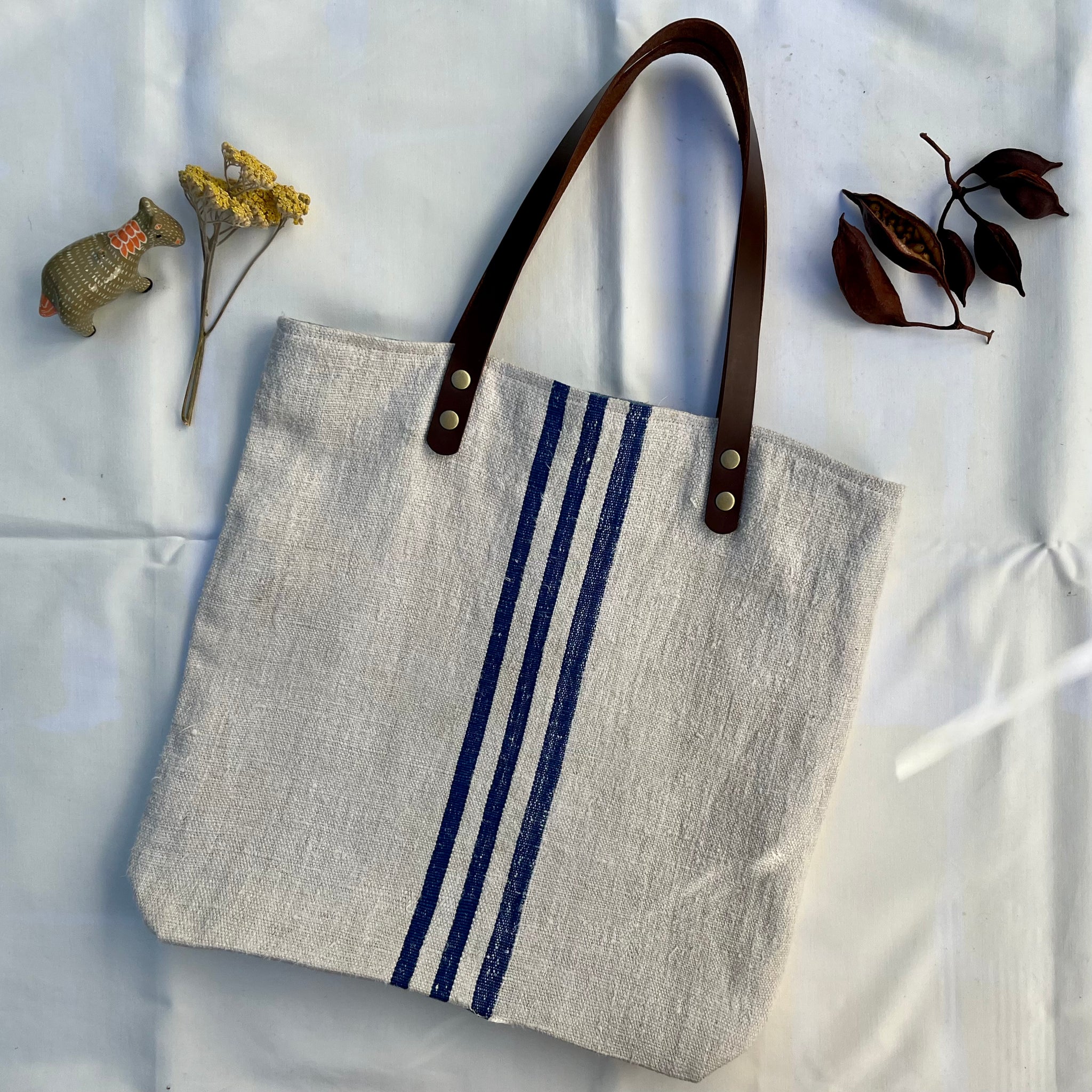 Vintage grain sack tote bag. Vertical blue and red stripes. Handwoven –  Bits and Totes