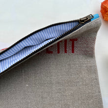 Load image into Gallery viewer, &quot;Bon appetit&quot; French linen and light blue denim fabric pouch.  Zippered purse. Zippered pouch. YKK metal zipper.
