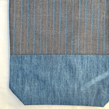 Load image into Gallery viewer, Tote bag. Luxurious blue and yellow striped wool with a blue cotton denim bottom.
