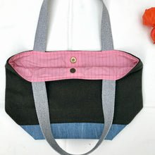 Load image into Gallery viewer, xs Handbag. Bag. Ex designer olive green wool and light blue denim handbag.
